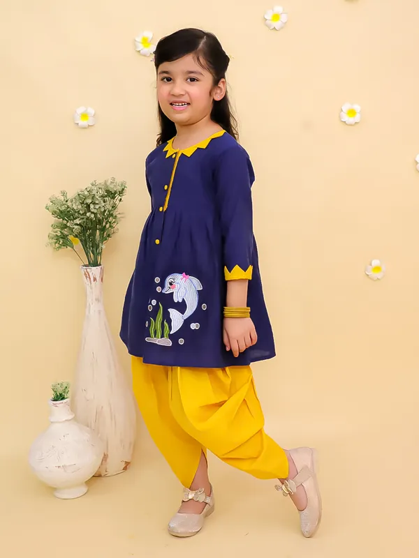 Junitos_Cotton_Woven_Three_Fourth_Sleeves_Embroidered_Kurti_Dhoti_Set_-_Blue
