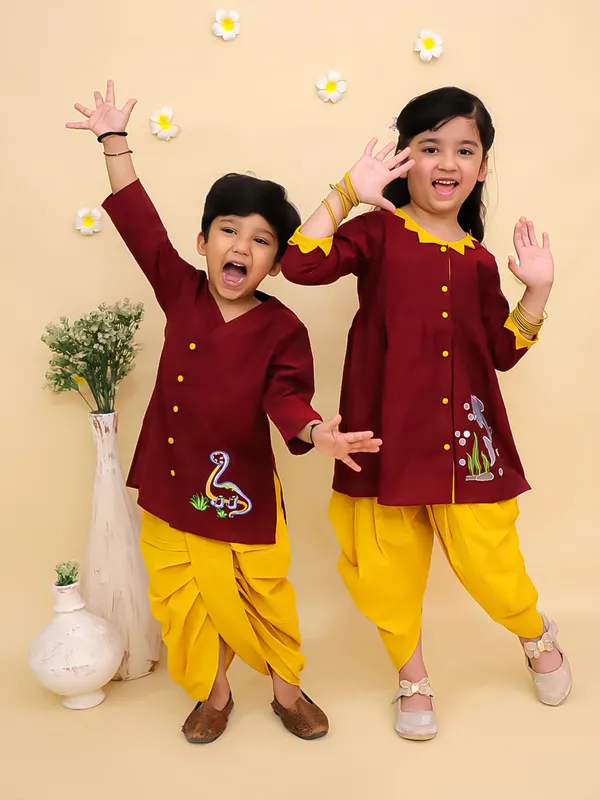 Junitos_Cotton_Woven_Three_Fourth_Sleeves_Embroidered_Kurti_Dhoti_Set_-_Maroon