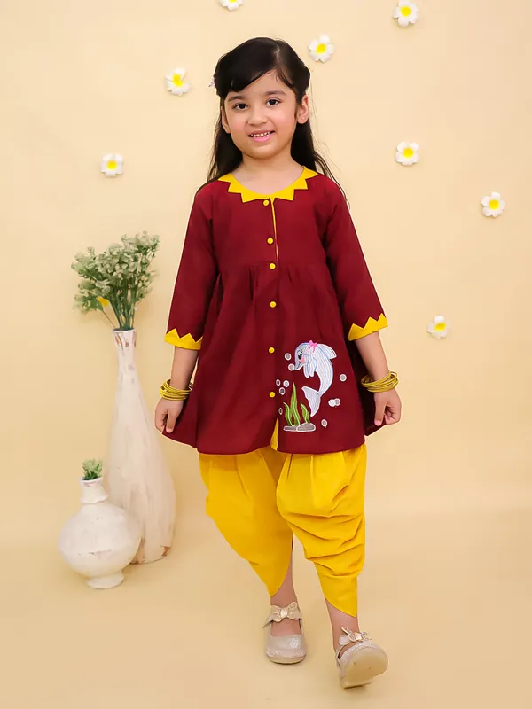 Junitos_Cotton_Woven_Three_Fourth_Sleeves_Embroidered_Kurti_Dhoti_Set_-_Maroon