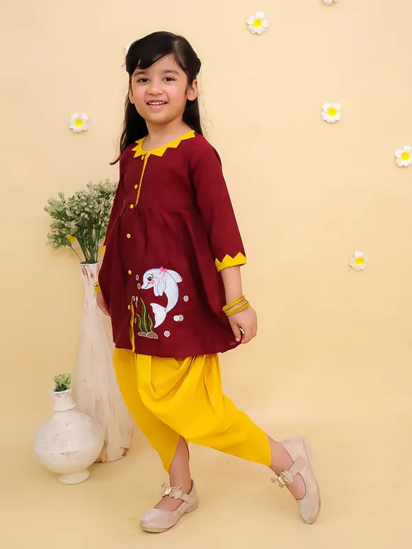 Junitos_Cotton_Woven_Three_Fourth_Sleeves_Embroidered_Kurti_Dhoti_Set_-_Maroon