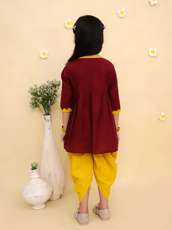 Junitos_Cotton_Woven_Three_Fourth_Sleeves_Embroidered_Kurti_Dhoti_Set_-_Maroon