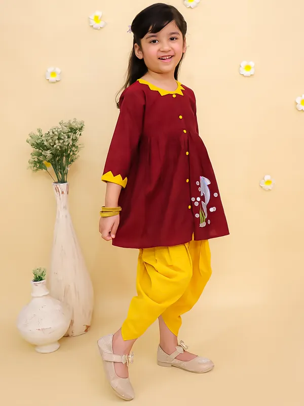 Junitos_Cotton_Woven_Three_Fourth_Sleeves_Embroidered_Kurti_Dhoti_Set_-_Maroon