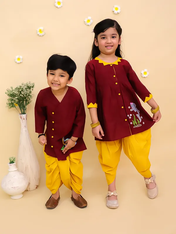Junitos_Cotton_Woven_Full_Sleeves_Embroidered_Kurta_Dhoti_Set_-_Maroon