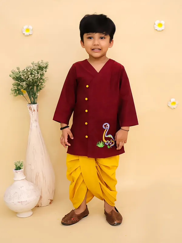 Junitos_Cotton_Woven_Full_Sleeves_Embroidered_Kurta_Dhoti_Set_-_Maroon