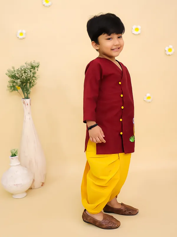 Junitos_Cotton_Woven_Full_Sleeves_Embroidered_Kurta_Dhoti_Set_-_Maroon