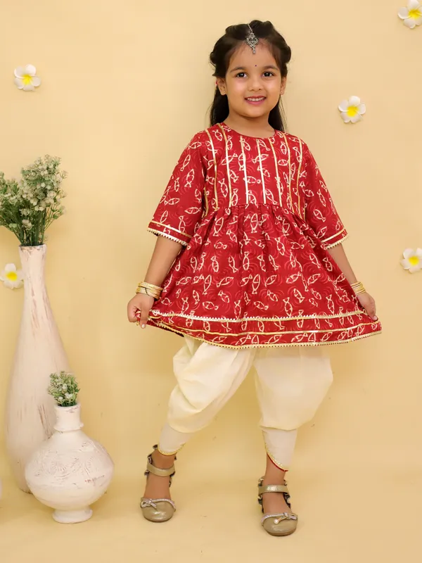 Junitos_Cotton_Woven_Half_Sleeves_Printed_Angrakha_Kurti_Dhoti_Set_-_Maroon