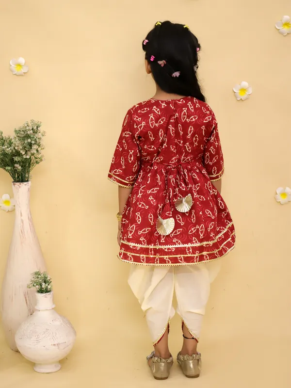 Junitos_Cotton_Woven_Half_Sleeves_Printed_Angrakha_Kurti_Dhoti_Set_-_Maroon