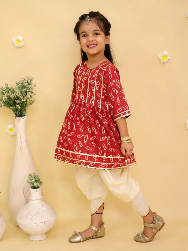 Junitos_Cotton_Woven_Half_Sleeves_Printed_Angrakha_Kurti_Dhoti_Set_-_Maroon