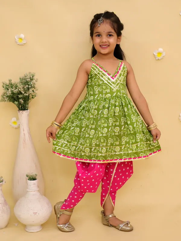 Junitos_Cotton_Woven_Sleeveless_Printed_Kurti_Dhoti_Salwar_Set_-_Green