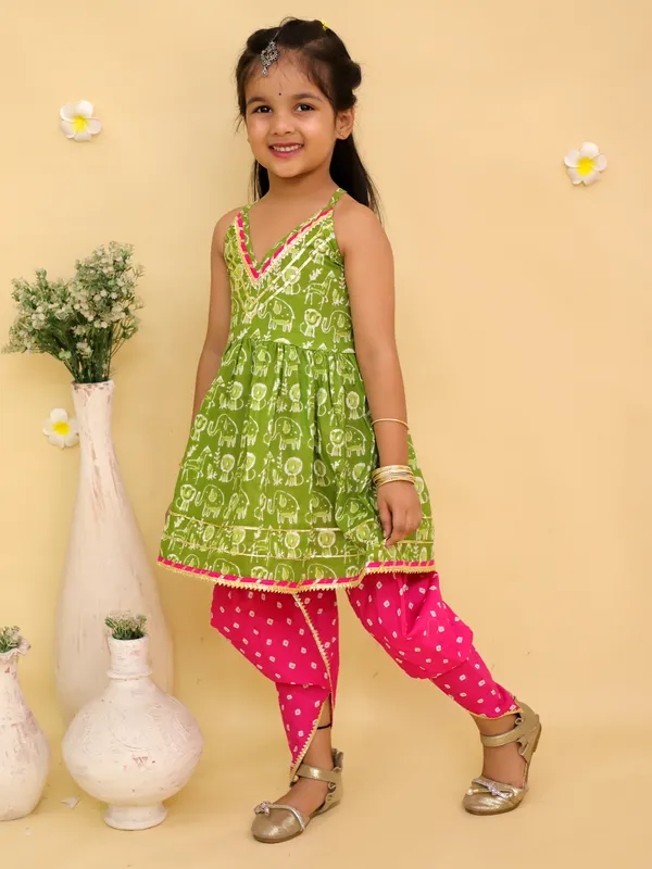 Junitos_Cotton_Woven_Sleeveless_Printed_Kurti_Dhoti_Salwar_Set_-_Green