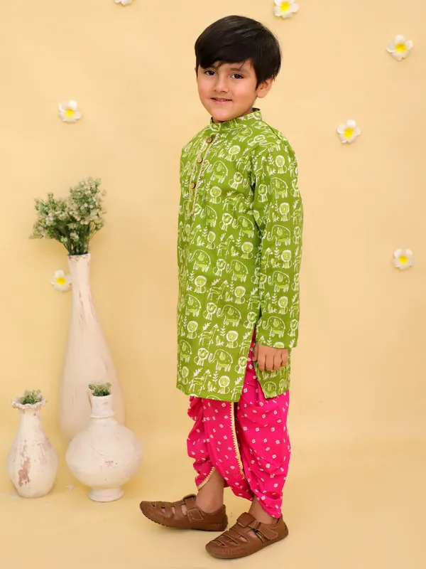 Junitos_Cotton_Woven_Full_Sleeves__Print_Kurta_Dhoti_Set_-_Green