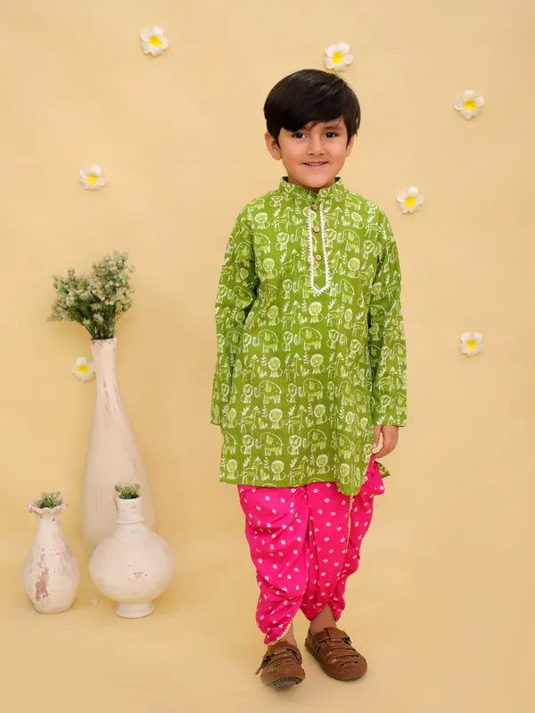 Junitos_Cotton_Woven_Full_Sleeves__Print_Kurta_Dhoti_Set_-_Green