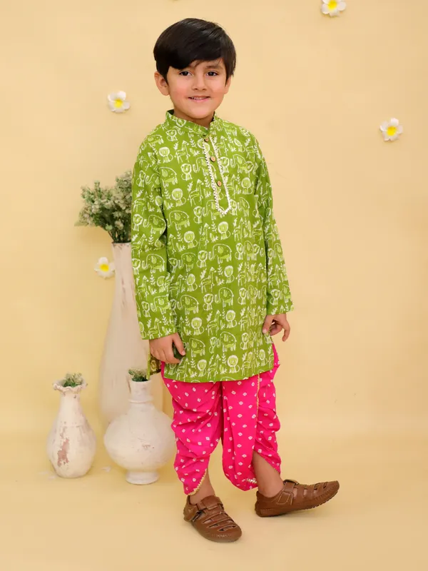 Junitos_Cotton_Woven_Full_Sleeves__Print_Kurta_Dhoti_Set_-_Green