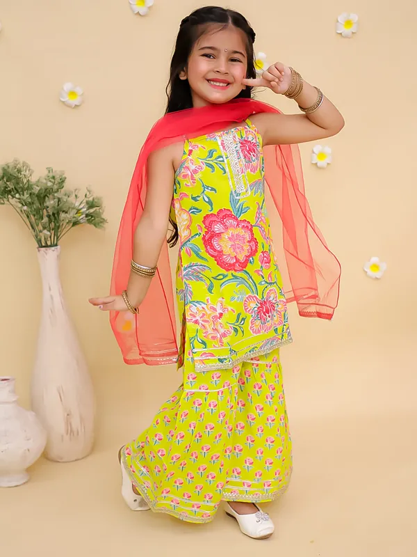 Junitos_Pure_Cotton_Woven_Sleevesless_Floral_printed_Kurti_Sharara_with_Dupatta -Lemon_Green
