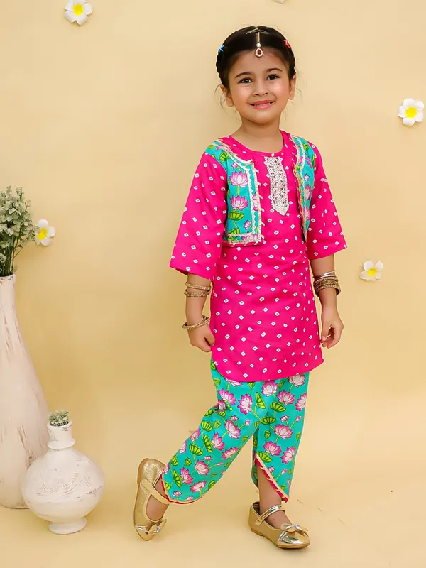Junitos_Polka_Print_attached_waistcoat_kurti_with_Dhoti_-Pink_and_Green