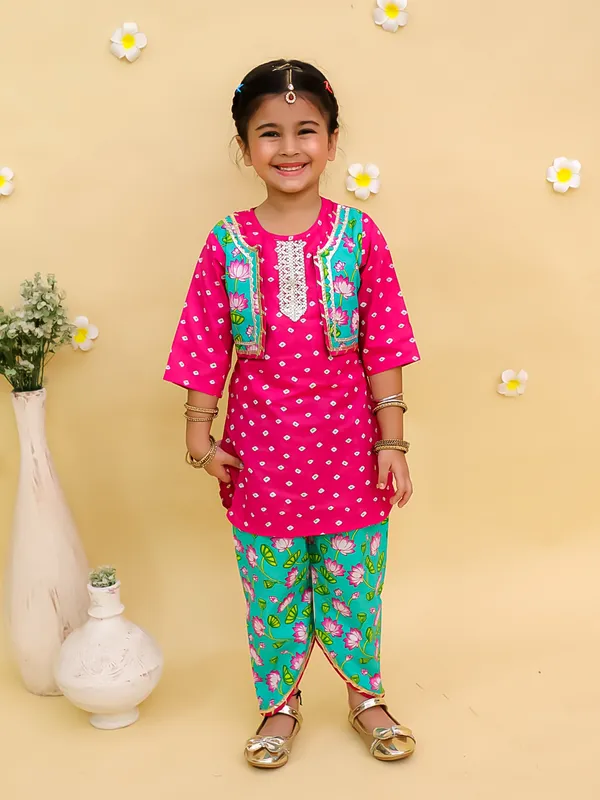 Junitos_Polka_Print_attached_waistcoat_kurti_with_Dhoti_-Pink_and_Green