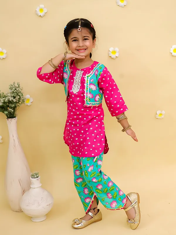 Junitos_Polka_Print_attached_waistcoat_kurti_with_Dhoti_-Pink_and_Green