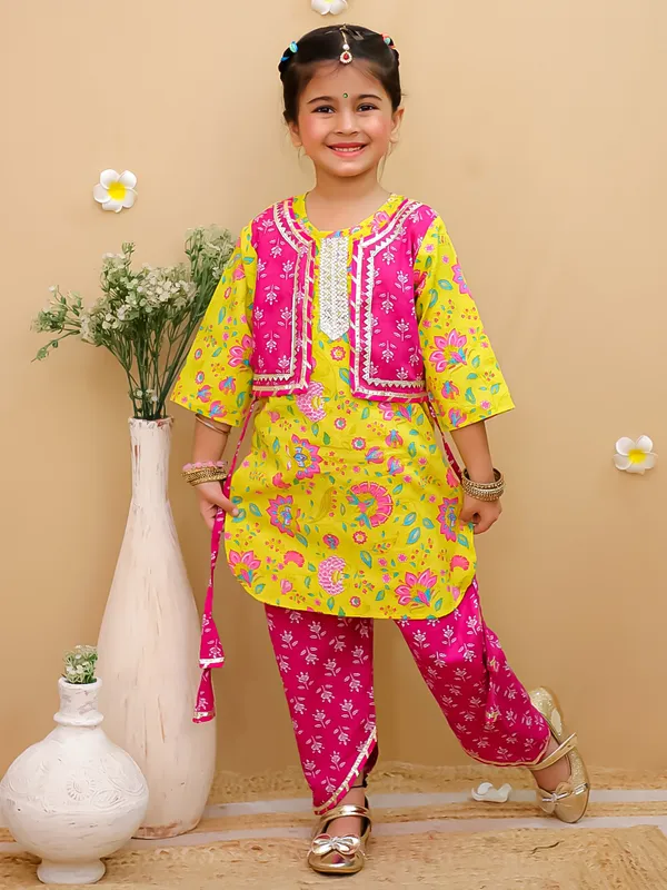Junitos_Floral_Printed_attached_waistcoat_kurti_with_Dhoti_-Yellow_and_Pink