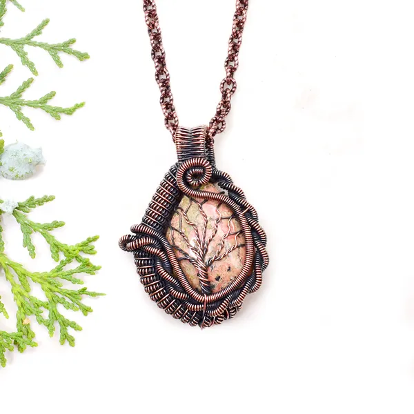 Green_Unakite_Healing_Gemstone_Copper_Wire_Wrap_Black_Oxidised_Chain_Pendant_(1.96_Cm)