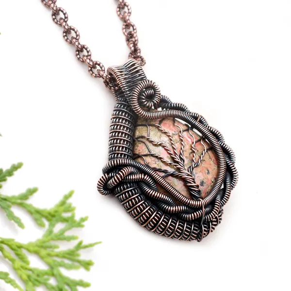 Green_Unakite_Healing_Gemstone_Copper_Wire_Wrap_Black_Oxidised_Chain_Pendant_(1.96_Cm)