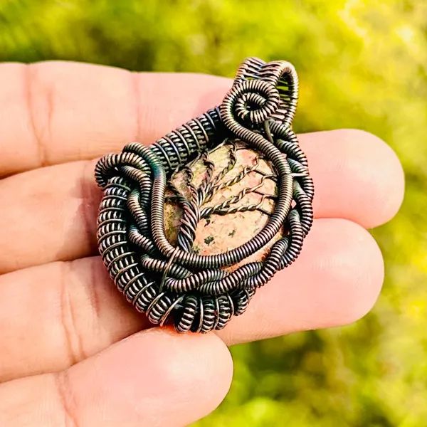 Green_Unakite_Healing_Gemstone_Copper_Wire_Wrap_Black_Oxidised_Chain_Pendant_(1.96_Cm)