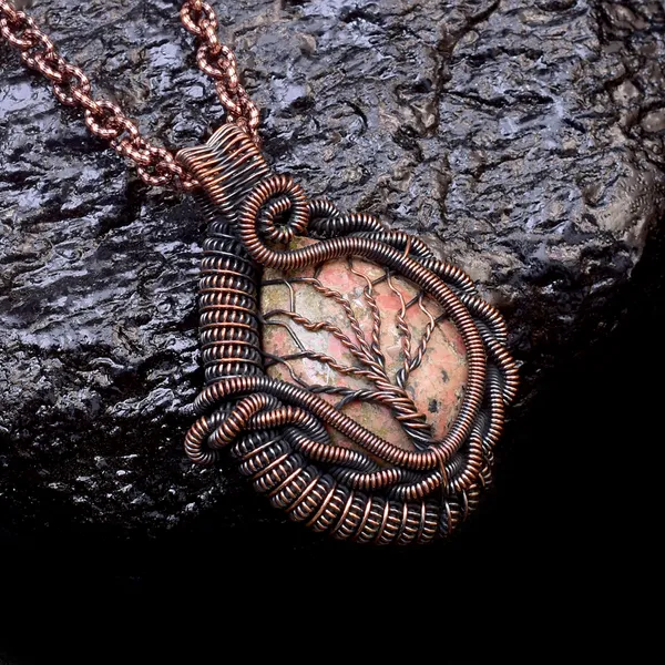 Green_Unakite_Healing_Gemstone_Copper_Wire_Wrap_Black_Oxidised_Chain_Pendant_(1.96_Cm)