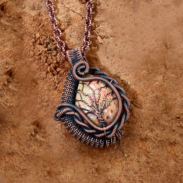 Green_Unakite_Healing_Gemstone_Copper_Wire_Wrap_Black_Oxidised_Chain_Pendant_(1.96_Cm)