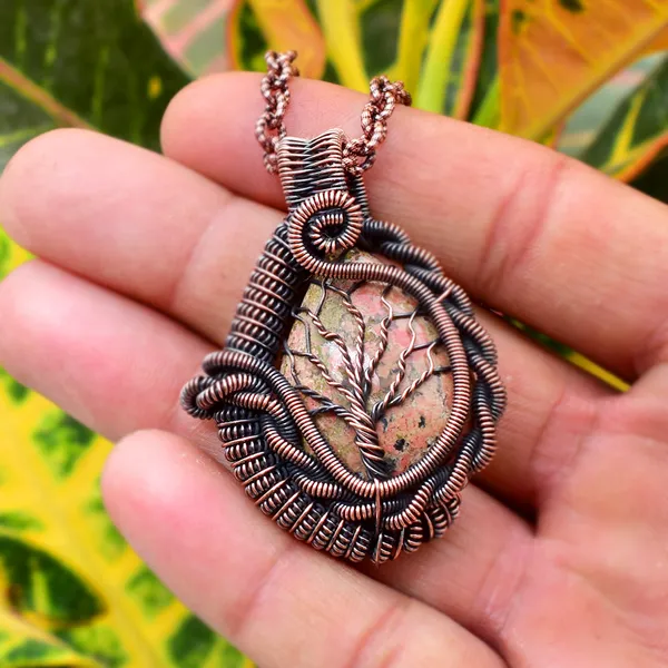 Green_Unakite_Healing_Gemstone_Copper_Wire_Wrap_Black_Oxidised_Chain_Pendant_(1.96_Cm)