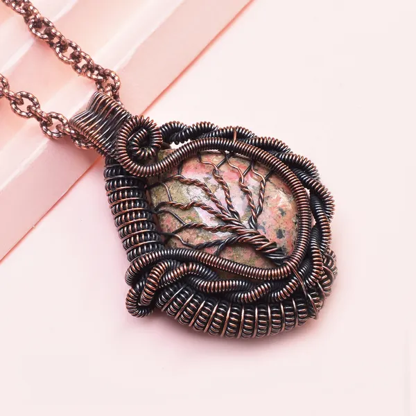 Green_Unakite_Healing_Gemstone_Copper_Wire_Wrap_Black_Oxidised_Chain_Pendant_(1.96_Cm)
