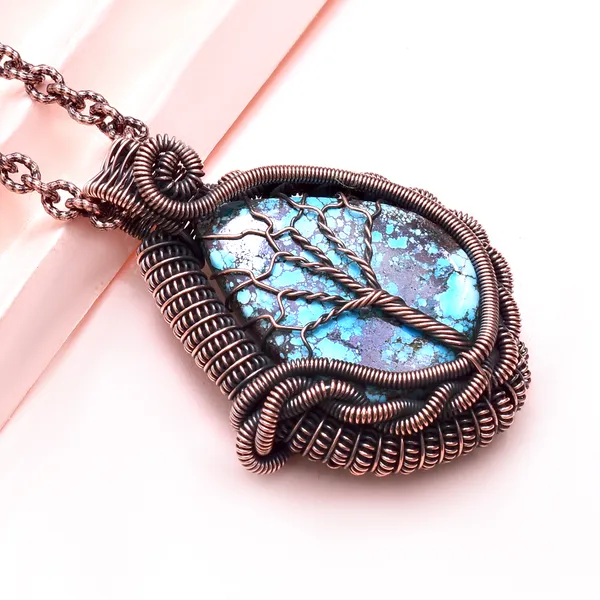 Blue_Turquoise_Healing_Gemstone_Copper_Wire_Wrap_Black_Oxidised_Chain_Pendant_(2.16_Cm)