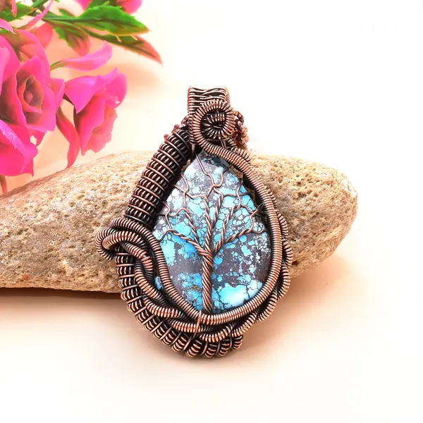 Blue_Turquoise_Healing_Gemstone_Copper_Wire_Wrap_Black_Oxidised_Chain_Pendant_(2.16_Cm)