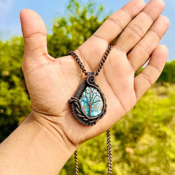 Blue_Turquoise_Healing_Gemstone_Copper_Wire_Wrap_Black_Oxidised_Chain_Pendant_(2.16_Cm)