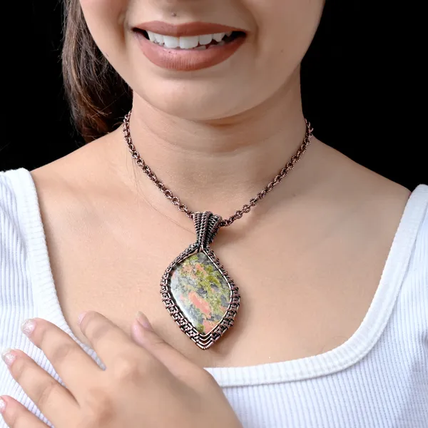 Green_Unakite_Healing_Gemstone_Copper_Wire_Wrap_Black_Oxidised_Chain_Pendant_(3.14_Cm)