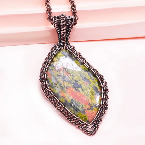 Green_Unakite_Healing_Gemstone_Copper_Wire_Wrap_Black_Oxidised_Chain_Pendant_(3.14_Cm)