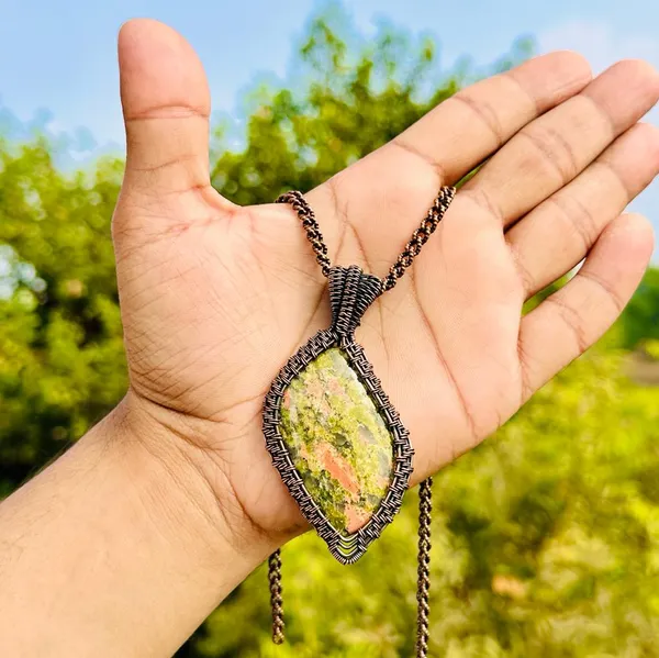 Green_Unakite_Healing_Gemstone_Copper_Wire_Wrap_Black_Oxidised_Chain_Pendant_(3.14_Cm)