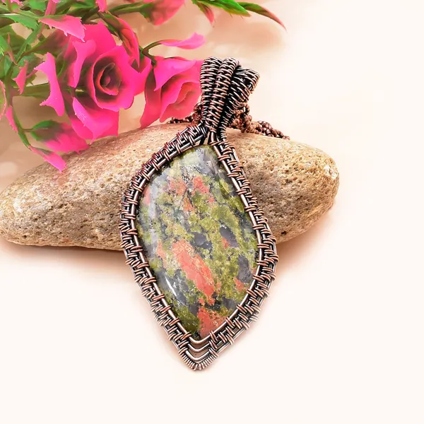 Green_Unakite_Healing_Gemstone_Copper_Wire_Wrap_Black_Oxidised_Chain_Pendant_(3.14_Cm)