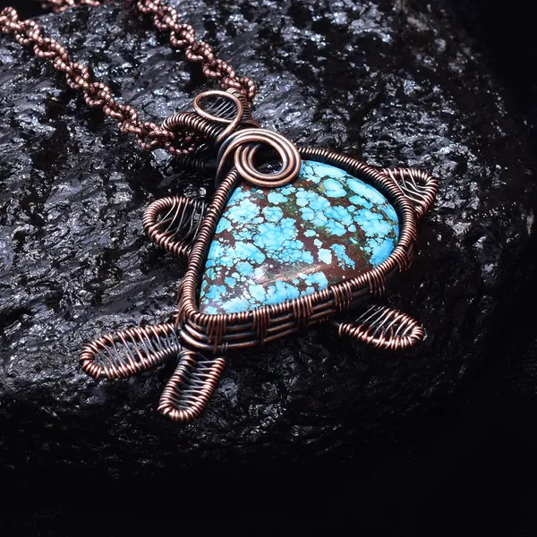 Blue_Turquoise_Healing_Gemstone_Copper_Wire_Wrap_Black_Oxidised_Chain_Pendant_(2.16_Cm)