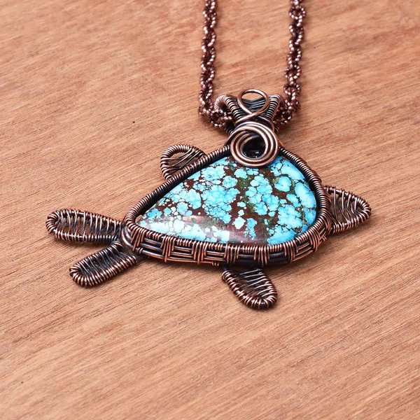 Blue_Turquoise_Healing_Gemstone_Copper_Wire_Wrap_Black_Oxidised_Chain_Pendant_(2.16_Cm)