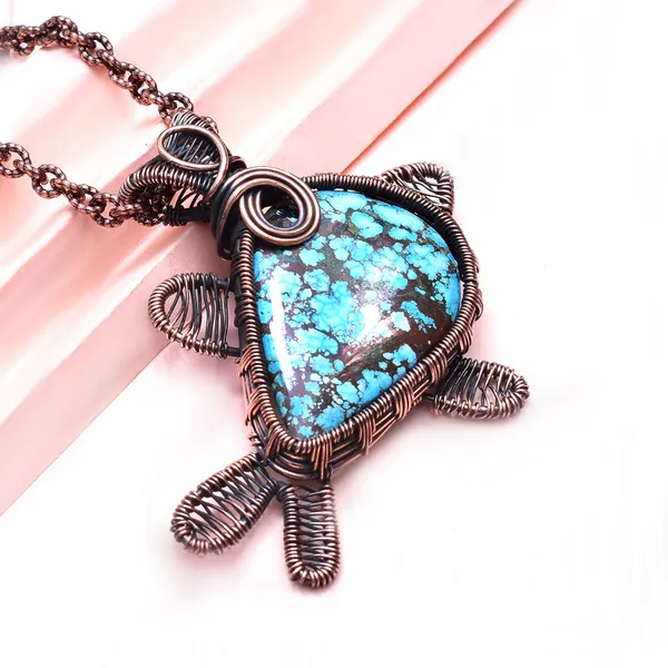 Blue_Turquoise_Healing_Gemstone_Copper_Wire_Wrap_Black_Oxidised_Chain_Pendant_(2.16_Cm)
