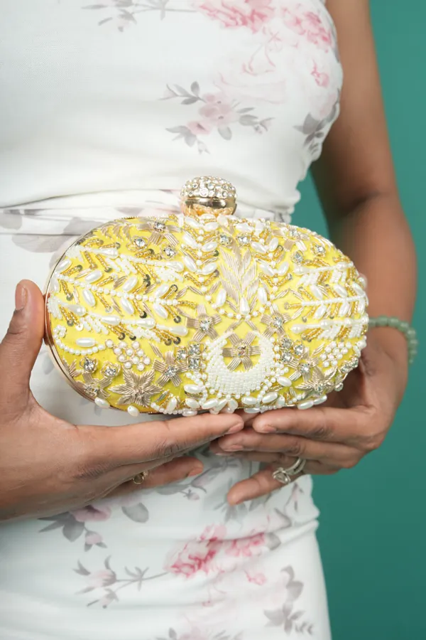 Sunshine_Yellow_Clutch_With_Beaded_Embroidery,_Crystal_Accents,_Pearl_Detailing,_Luxe_Oval_Shape,_Regal_Closure
