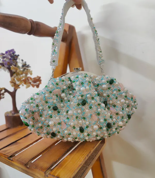Multicolor_Garden_Bloom_Beaded_Clutch_With_Pearl_Accents,_Green_Crystal_Embroidery,_White_Handle,_Spring_Luxe_Statement