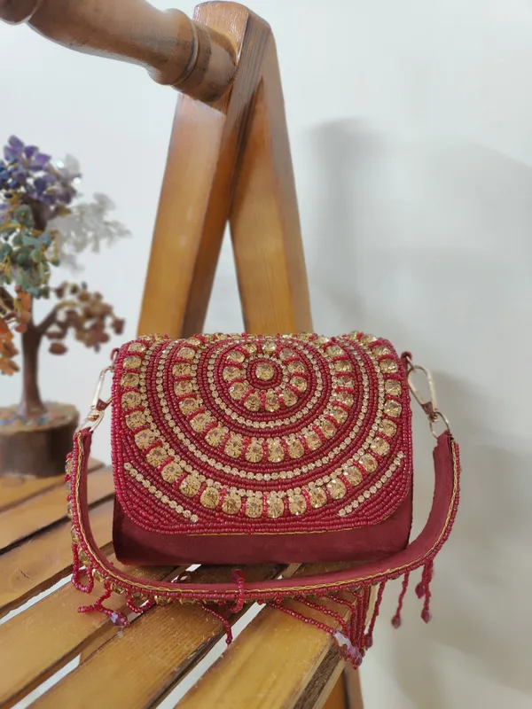 Maroon_Elegant_Beaded_Handbag_With_Mirror_Embellishments_And_Gold_Chain_For_Wedding,_Party,_And_Traditional_Wear