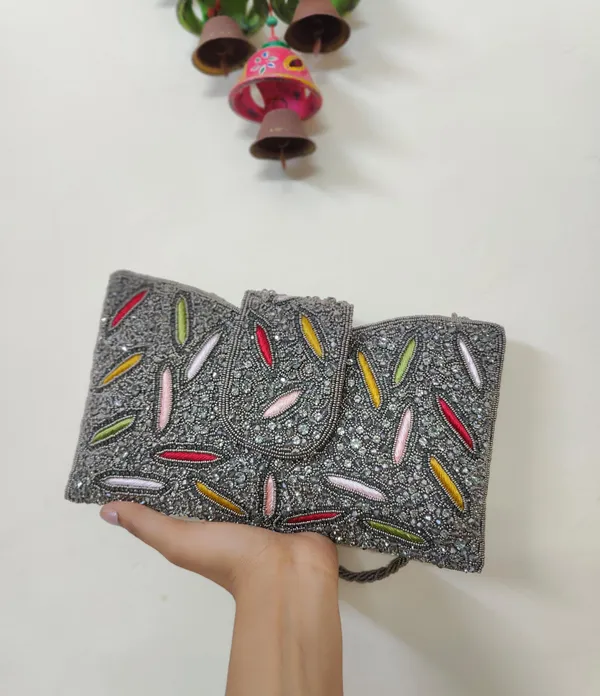 Grey_Multicolor_Premium_Quality_Heavy_Crystal_New_Shape_Clutch_Bag_For_Women