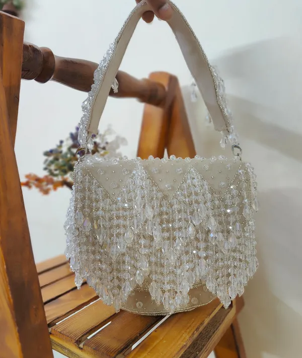 Cream_Premium_Quality_Designer_Drop_Crystal_Clutch_Bag_For_Women