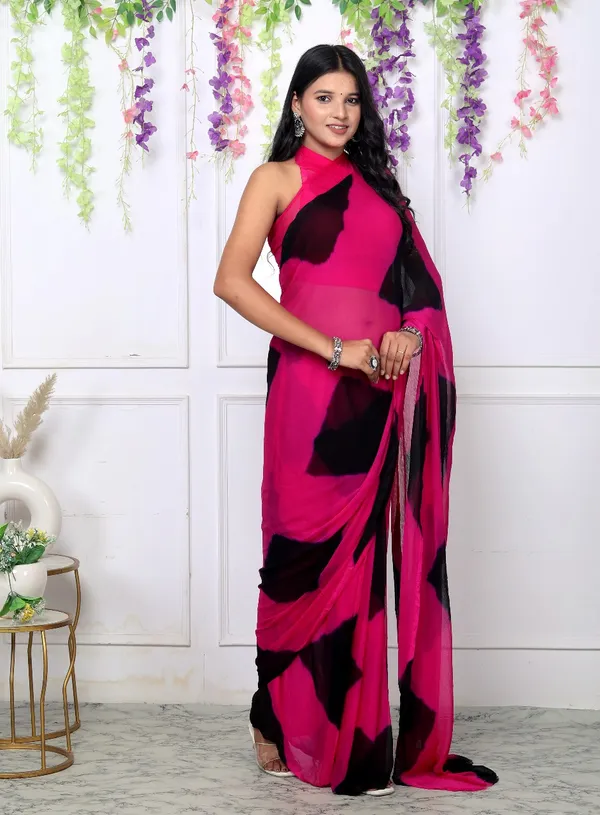 Black_&_Pink_Pure_Chiffon_Trendy_Checked_Leheriya_Chiffon_Sarees_For_Women