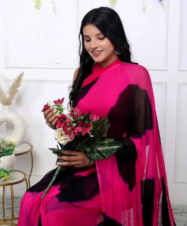 Black_&_Pink_Pure_Chiffon_Trendy_Checked_Leheriya_Chiffon_Sarees_For_Women