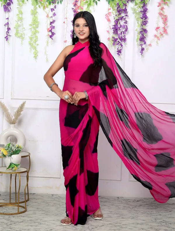 Black_&_Pink_Pure_Chiffon_Trendy_Checked_Leheriya_Chiffon_Sarees_For_Women