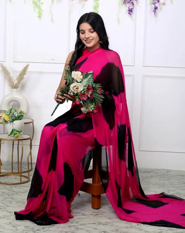 Black_&_Pink_Pure_Chiffon_Trendy_Checked_Leheriya_Chiffon_Sarees_For_Women