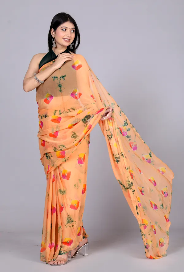 Peach_Bandhani_Printed_Chiffon_Printed_Sarees_For_Women