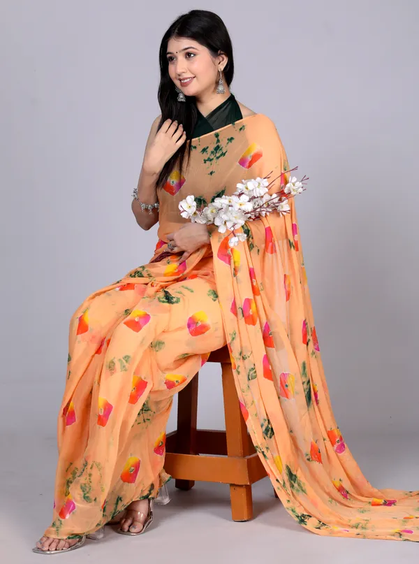 Peach_Bandhani_Printed_Chiffon_Printed_Sarees_For_Women